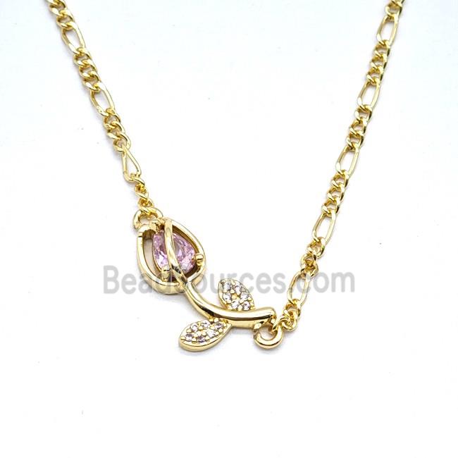 Copper Tulip Necklace Pave Zirconia Gold Plated