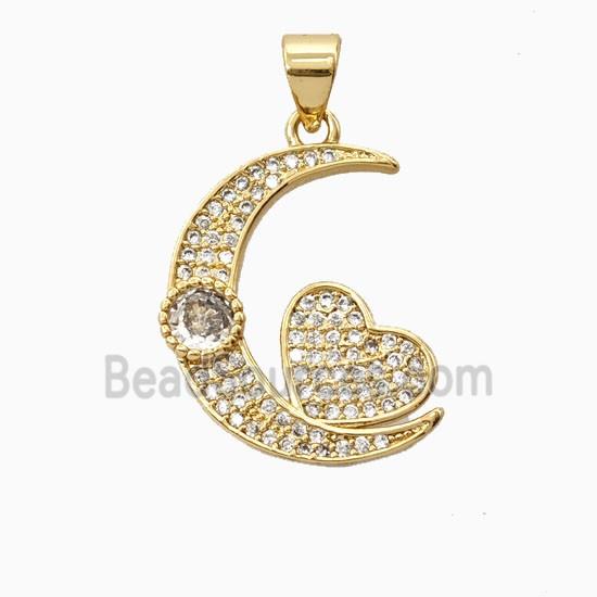 Copper Heart Moon Pendant Pave Zirconia 18K Gold Plated