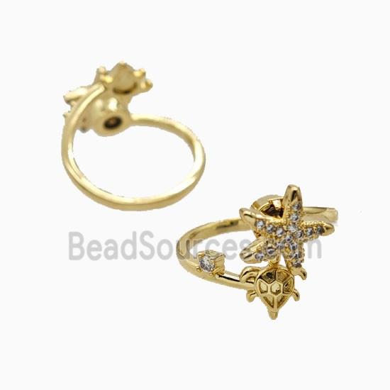 Copper Tortoise Starfish Rings Pave Zirconia 18K Gold Plated