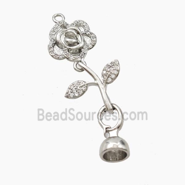 Copper Flower Pendant Pave Zirconia With Bail Platinum Plated