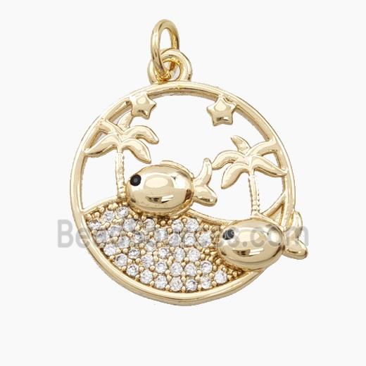 Copper Fish And Coconut Tree Pendant Pave Zirconia Gold Plated