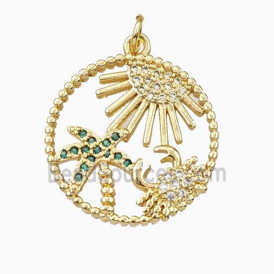 Copper Sun Crab And Coconut Tree Pendant Pave Zirconia Gold Plated
