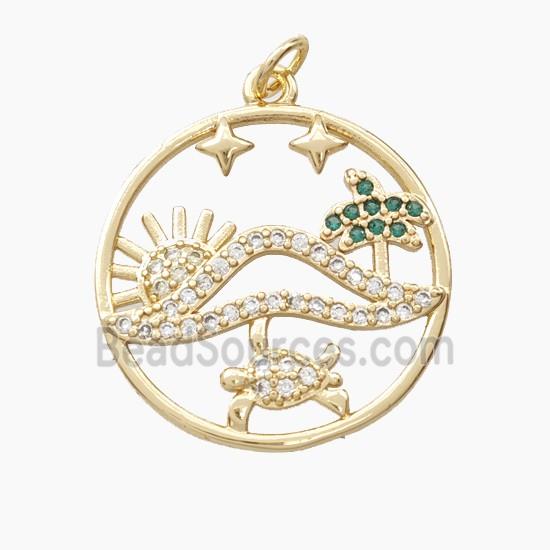 Copper Sun Tortoise And Coconut Tree Pendant Pave Zirconia Gold Plated