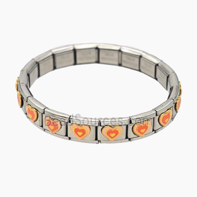 Raw Stainless Steel Module Bracelet With Heart Orange Enamel