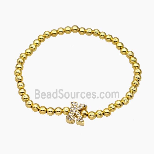 Copper Ball Bracelet With Letter-K Pave Zirconia Stretchy Gold Plated