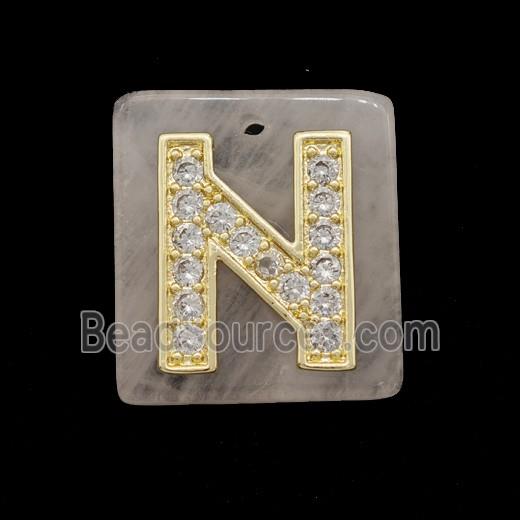 Rose Quartz Square Pendant With Copper Letter-N Pave Zirconia Gold Plated