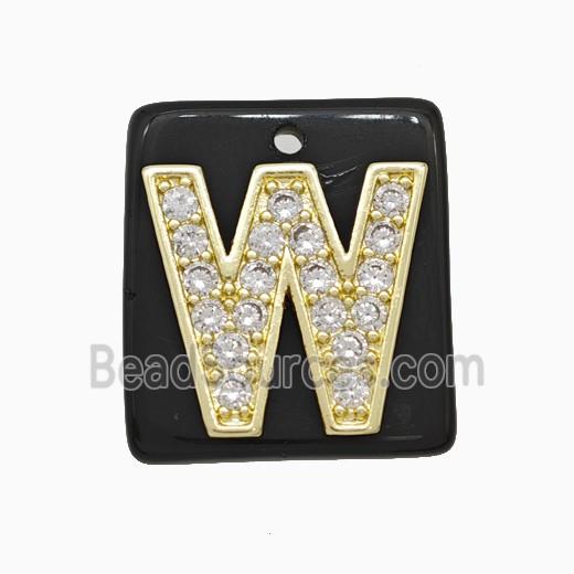 Black Obsidian Square Pendant With Copper Letter-W Pave Zirconia Gold Plated