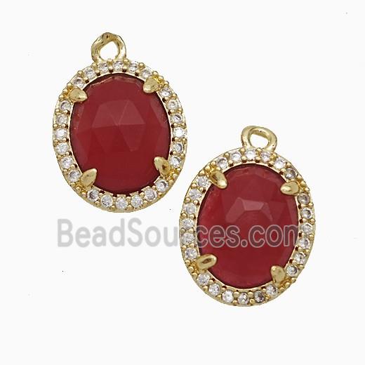Red Dye Jade Oval Pendant Copper Pave Zirconia Gold Plated