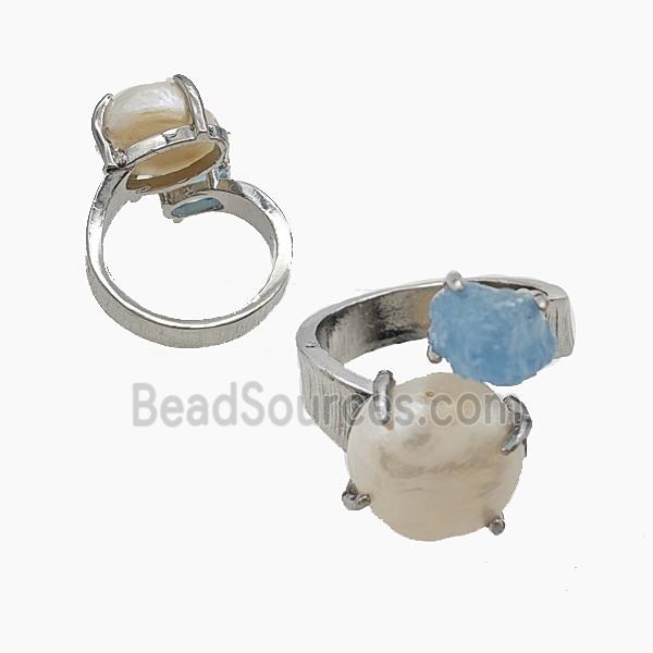Copper Rings With Pearl Aquamarine Platinum Plated