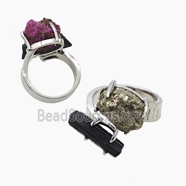 Copper Rings With Black Tourmaline Pyrite Platinum Plated
