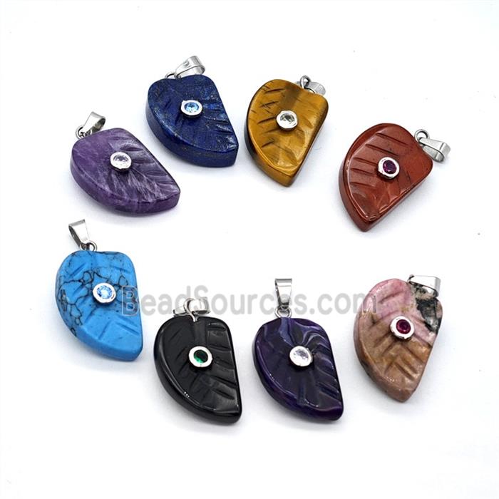 Natural Gemstone Leaf Pendant Pave Zirconia Mixed
