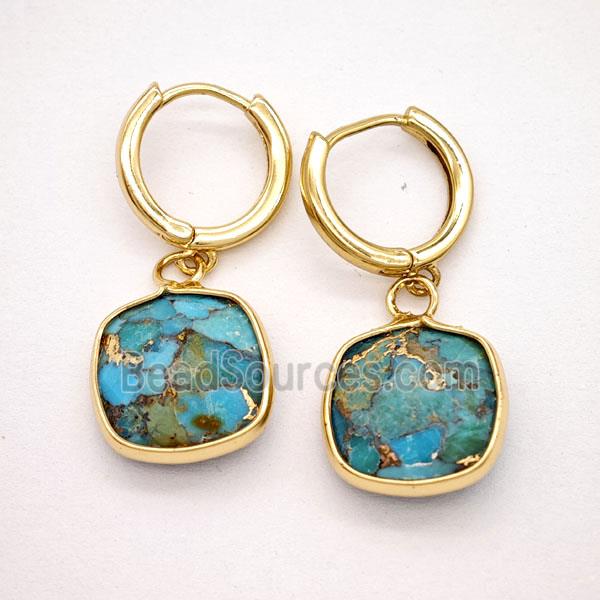 Blue Mosaic Turquoise Copper Hoop Earrings Square Gold Plated