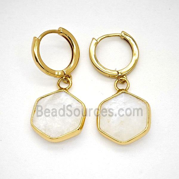 Clear Quartz Copper Hoop Earrings Hexagon Gold Plated