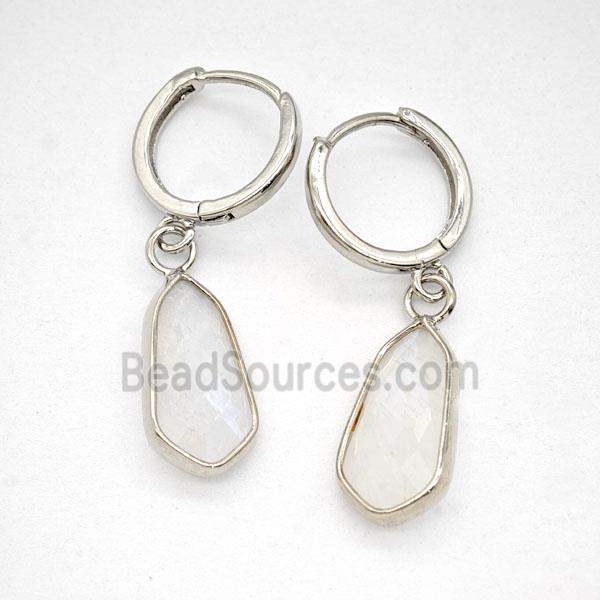 White Moonstone Copper Hoop Earrings Teardrop Platinum Plated