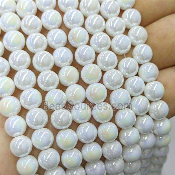 White Jadeite Glass Beads Smooth Round Electroplated