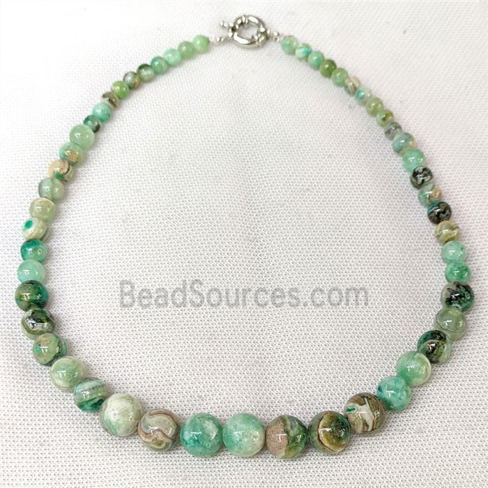 Natural Green Striped Jadeite Graduated Necklace Banded Smooth Round