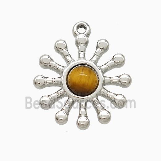 Raw Stainless Steel Flower Pendant Pave Tigereye