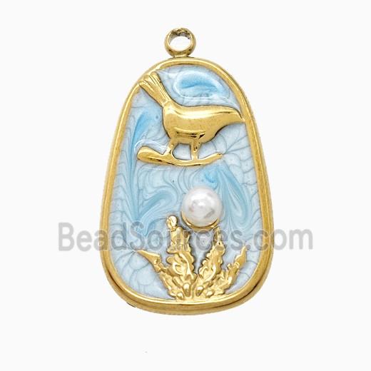 Stainless Steel Bird Pendant Pave Resin Blue Painted Flower Gold Plated