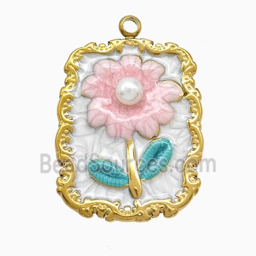 Stainless Steel Flower Pendant Pave Resin Painted Gold Plated