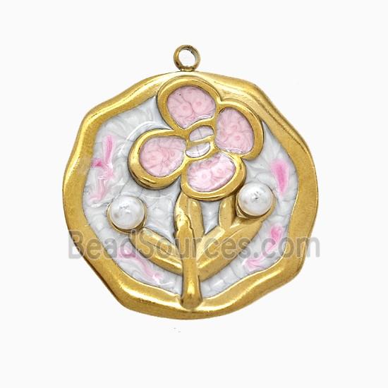 Stainless Steel Flower Pendant Pink Painted Gold Plated