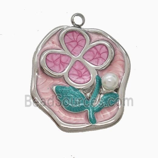 Raw Stainless Steel Flower Pendant Pink Painted