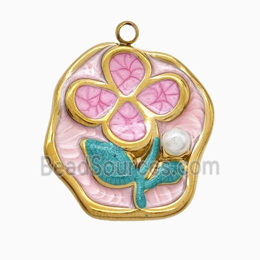 Stainless Steel Flower Pendant Pink Painted Gold Plated