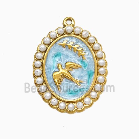 Stainless Steel Bireds Pendant Pave Resin Teal Painted Leaf Gold Plated