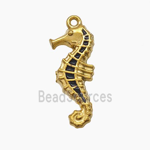 Stainless Steel Seahorse Pendant Black Enamel Gold Plated