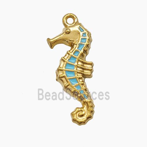 Stainless Steel Seahorse Pendant Teal Enamel Gold Plated