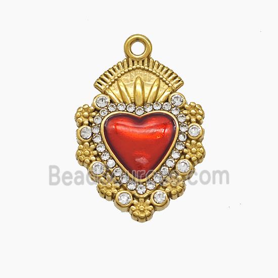 Stainless Steel Heart Pendant Pave Rhinestone Red Painted Gold Plated