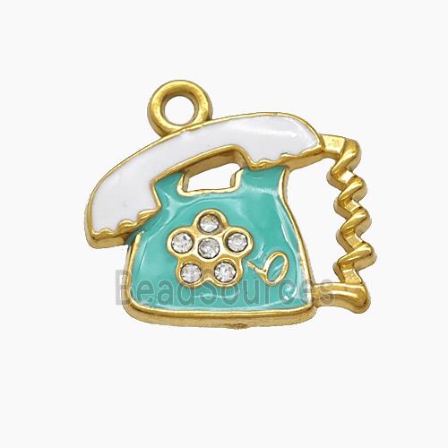 Stainless Steel Telphone Charms Pendant Pave Rhinestone White Green Enamel Gold Plated