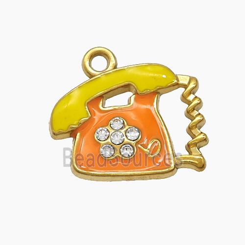 Stainless Steel Telphone Charms Pendant Pave Zirconia Yellow Orange Enamel Gold Plated