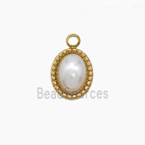 Stainless Steel Oval Pendant Pave Pearlized Resin Gold Plated