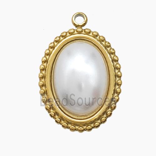 Stainless Steel Oval Pendant Pave Pearlized Resin Gold Plated