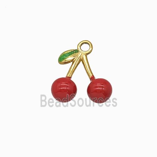 Stainless Steel Cherry Pendant Red Enamel Gold Plated