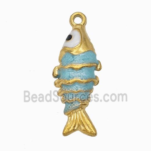 Stainless Steel Fish Pendant Teal Painted Gold Plated