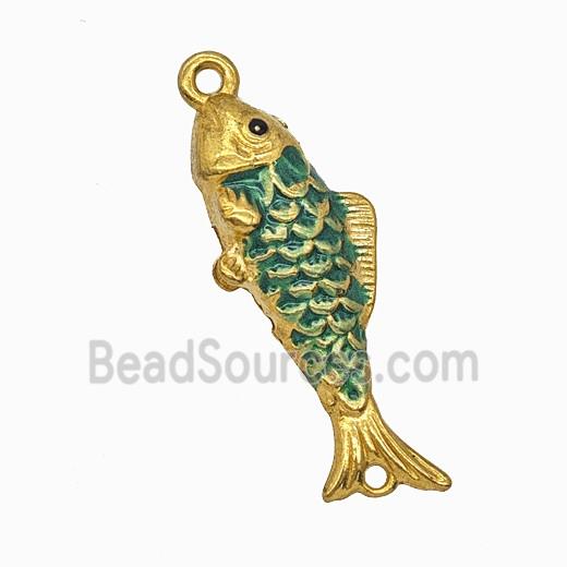 Stainless Steel Fish Pendant Green Painted Gold Plated