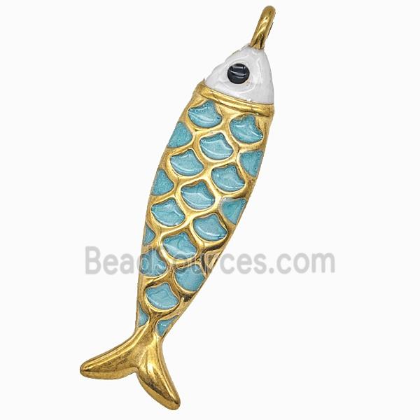 Stainless Steel Fish Pendant Teal Painted Gold Plated