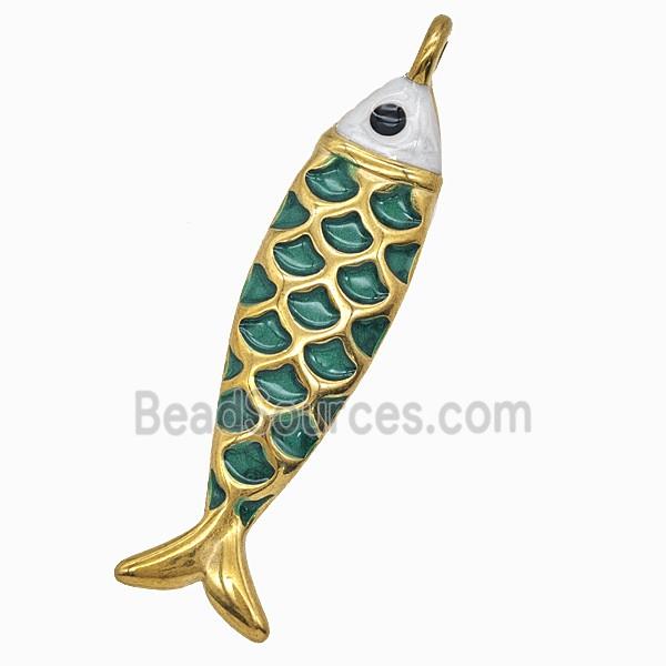 Stainless Steel Fish Pendant Green Painted Gold Plated