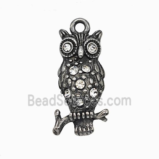 Halloween Owl Charms 304 Stainless Steel Birds Pendant Pave Rhinestone Antique Silver