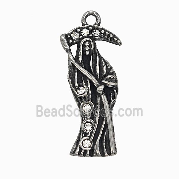 Gothic Grim Reaper Death Charms 304 Stainless Steel Pendant Pave Rhinestone Antique Silver
