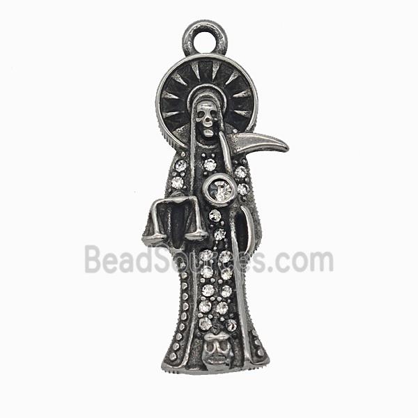 Gothic Grim Reaper Death Charms 304 Stainless Steel Pendant Pave Rhinestone Antique Silver