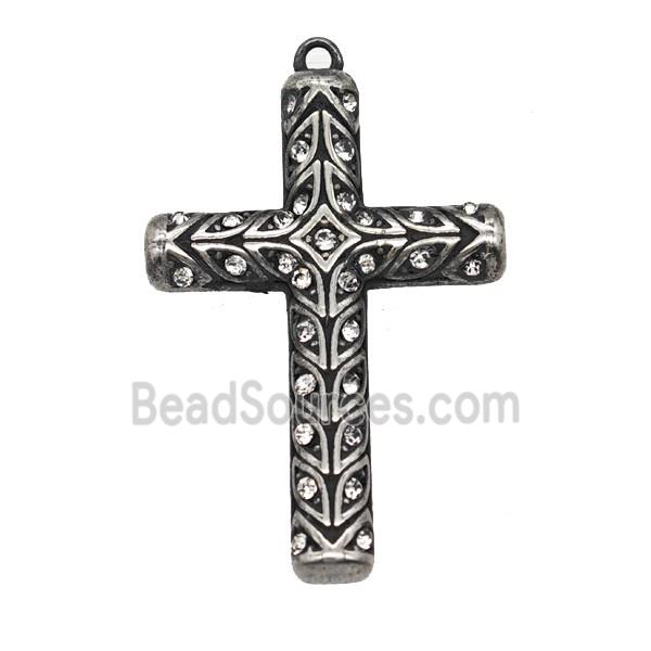 Stainless Steel Cross Pendant Pave Rhinestone Antique Silver