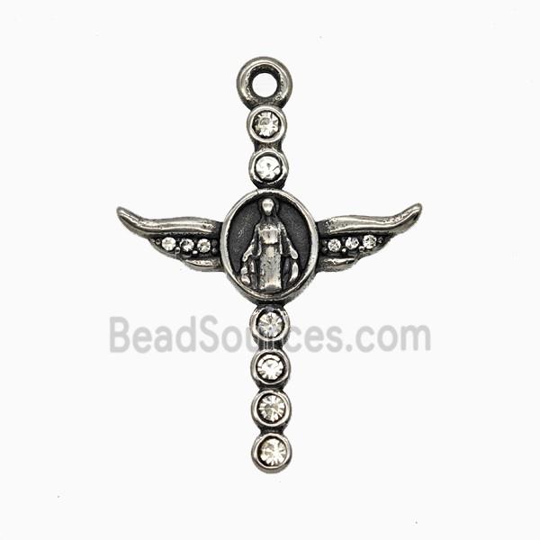 Stainless Steel Cross Pendant Pave Rhinestone Virgin Mary Antique Silver