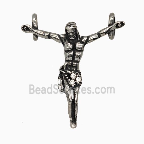 Stainless Steel Jesus Pendant Pave Rhinestone Antique Silver