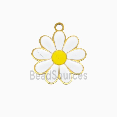 Stainless Steel Daisy Flower Pendant White Enamel Gold Plated