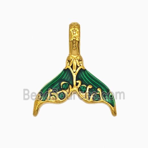 Stainless Steel Mermaid-Tail Pendant Pave Rhinestone Green Painted Gold Plated