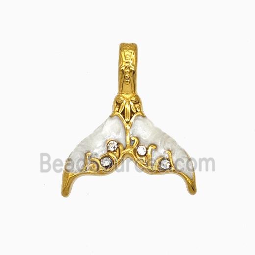 Stainless Steel Mermaid-Tail Pendant Pave Rhinestone White Painted Gold Plated