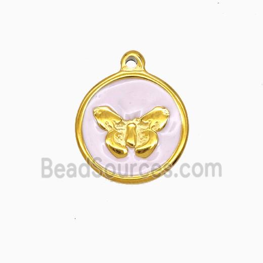 Stainless Steel Butterfly Pendant Pink Enamel Gold plated