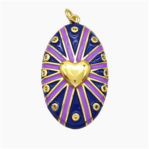 Copper Oval Pendant Blue Enamel Heart Gold Plated, approx 21-34mm